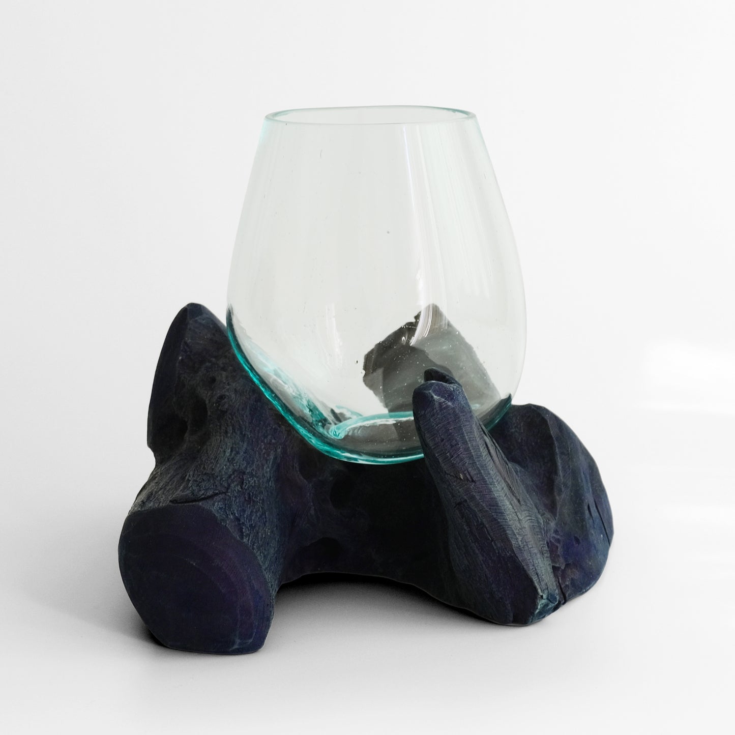 Indigo-dyed driftwood and terrarium (glass bowl)