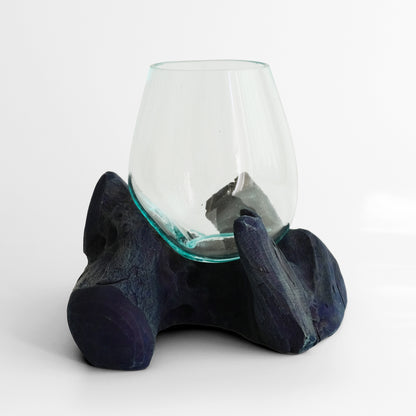 Indigo-dyed driftwood and terrarium (glass bowl)