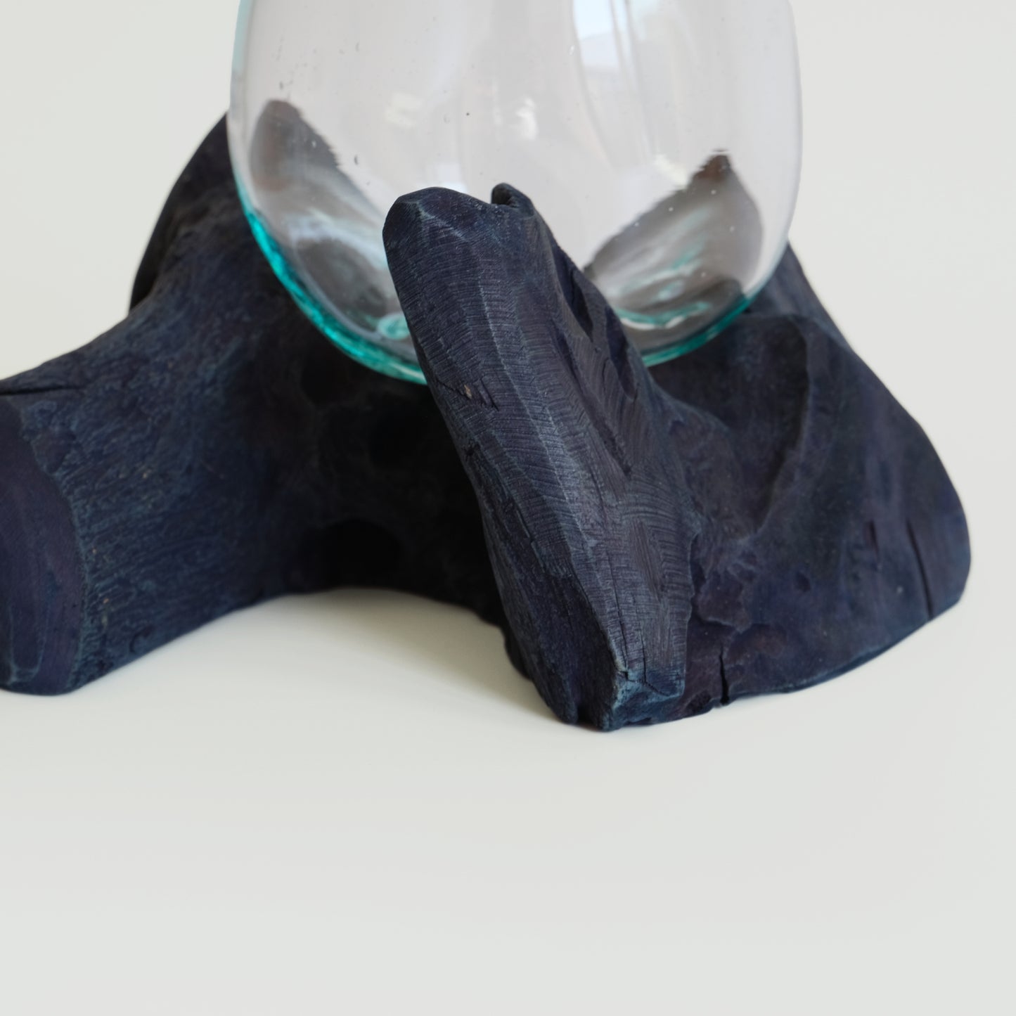 Indigo-dyed driftwood and terrarium (glass bowl)