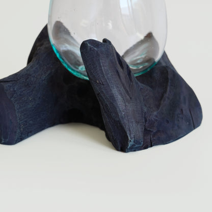 Indigo-dyed driftwood and terrarium (glass bowl)