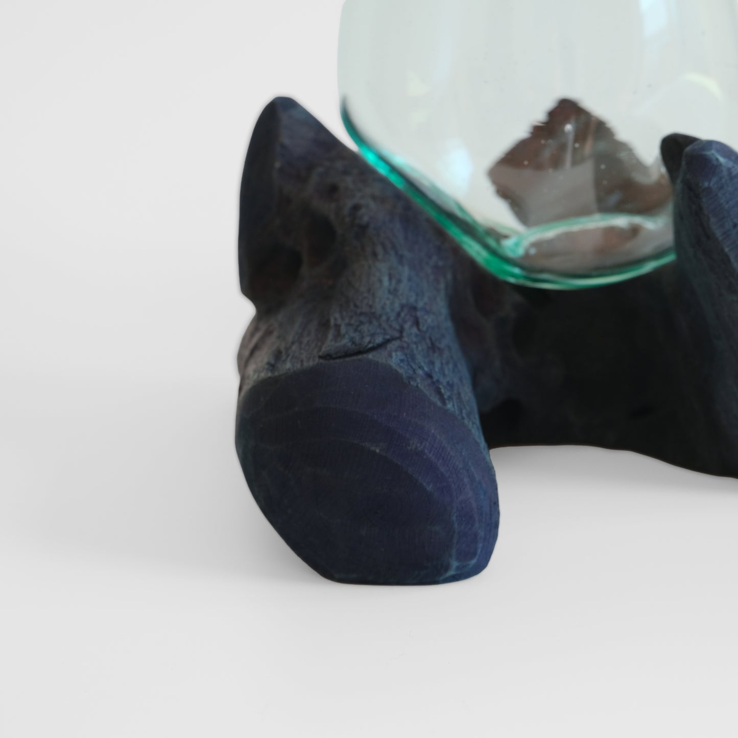 Indigo-dyed driftwood and terrarium (glass bowl)