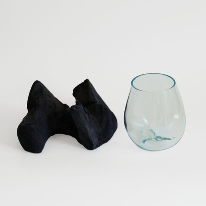 Indigo-dyed driftwood and terrarium (glass bowl)